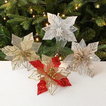 1шт Блестящие искусственные рождественские цветы Украшения для Рождественской елки Веселые Рождественские украшения для дома 2023 Новогодние подарки Navidad