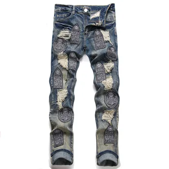 2023 Весна Осень высококачественный панк тренд ретро синий рваный тонкий стрейч принт хип хоп уличная маленькая ножка мужские джинсы большого размера