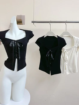 2023 Летние Женские однотонные облегающие футболки на шнуровке, футболки с коротким рукавом, стрейчевые топы с квадратным воротником, Уличная Корейская мода