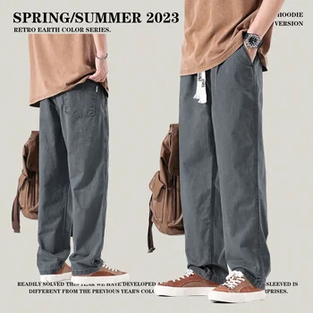 2023 новый летний тренд, свободные удобные брюки с карманом на талии, однотонные мужские американские спортивные повседневные брюки с прямыми штанинами, широкие брюки