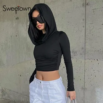 Sweetown Повседневный уличный стиль, черные тонкие футболки с рюшами, длинными рукавами и капюшоном, женские однотонные футболки цвета хаки, простые базовые укороченные футболки, осень