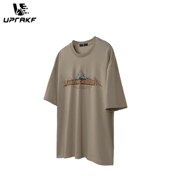 UPRAKF Men Модная футболка с надписью Mountain Graphic Print, Оверсайз, 100% Хлопок, свободные базовые футболки с коротким рукавом, топы на лето