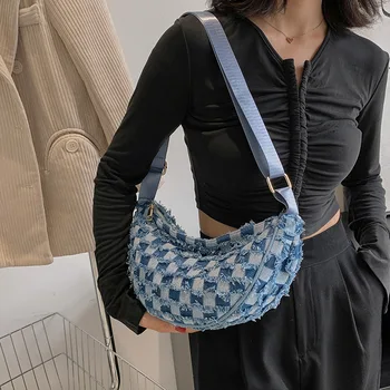 Женская роскошная дизайнерская клетчатая сумочка через плечо, женская большая винтажная поясная сумка из джинсовой ткани в клетку, Джинсовая боковая сумка для девочек