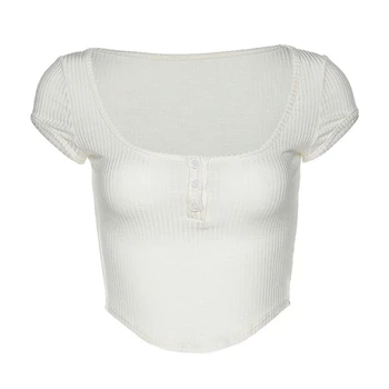 Женская футболка с коротким рукавом и половинными пуговицами, Полупрозрачный Облегающий Укороченный топ из рубчатого трикотажа P8DB