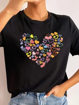Женские модные топы с красочным принтом в виде сердечек, белые футболки для девочек, женские футболки с круглым вырезом в виде сердечек