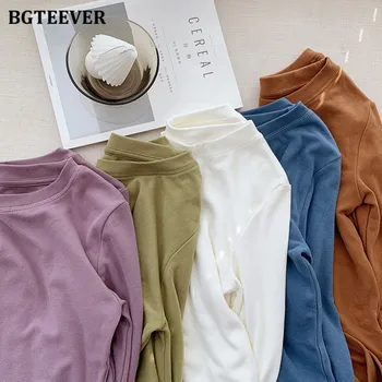 Зимние утепленные бархатные футболки BGTEEVER для женщин, повседневные теплые базовые футболки с длинными рукавами и круглым вырезом, женские футболки