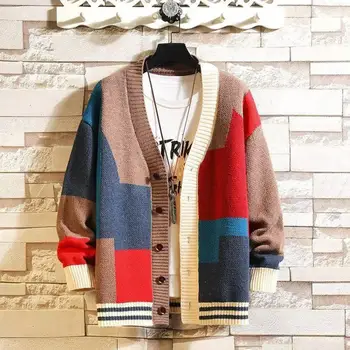 Кардиган-свитер с V-образным вырезом и пуговицами, стильный мужской вязаный свитер с цветными блоками, пальто, теплый кардиган с V-образным вырезом средней длины на осень-зиму
