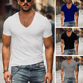 Летняя мужская футболка, Приталенная Мужская повседневная футболка с V-образным вырезом и коротким рукавом, однотонный мужской повседневный пуловер, футболка, уличная одежда