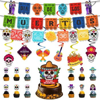 Мексиканский День Мертвых Красочный Баннер Спиральный Подвесной Кулон Выдолбленная Гирлянда Из Овсянок Топпер Для Торта Карнавальная Вечеринка Decoratio
