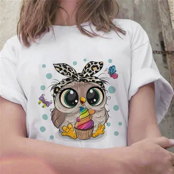 Модный тренд, новая футболка, женская футболка с милой совой и графическим принтом, повседневная женская футболка в стиле Харадзюку с круглым вырезом.