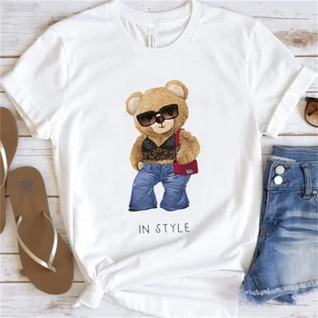 Модный Харадзюку с короткими рукавами, Универсальный женский принт 90-х с медведем, Женская повседневная женская футболка, Одежда с круглым вырезом, Футболка