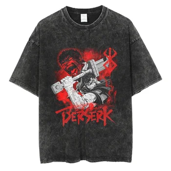 Мужская винтажная футболка в стиле хип-хоп, футболка с принтом Берсерка из японского аниме, выстиранная футболка с коротким рукавом, повседневные топы оверсайз в стиле Харадзюку