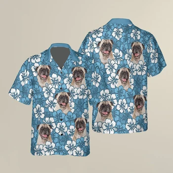 Мужская гавайская рубашка, пляжная рубашка с короткими рукавами и цветочным принтом в виде собаки для пары