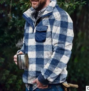 Мужская толстовка, зимний утепленный пуловер с отложным воротником из флиса шерпа, популярная уличная одежда в клетку, плюшевые свитера