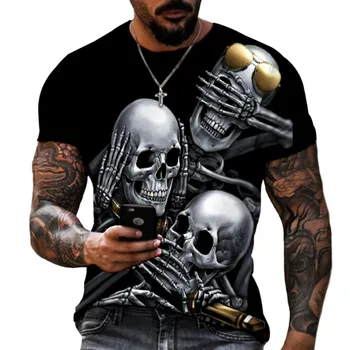 Мужская футболка с коротким рукавом в готическом стиле ужасов с темным скелетом Очень хорошего качества, футболки из лайкры и полиэстера, толстая рубашка размера оверсайз S-5XL