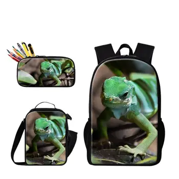 Набор школьных сумок из 3 предметов, пенал для карандашей, холодильник для еды для пикника, школьный рюкзак с изображением ящерицы, модный рюкзак для мальчиков, детская сумка на заказ, Bolsa