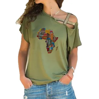 Новая летняя футболка с изображением карты Африки, забавный принт, женская футболка с коротким рукавом, свободные нерегулярные топы с косой повязкой, футболка