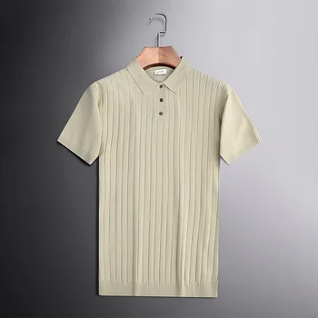 Рубашка-поло из ледяного шелка с коротким рукавом, мужская летняя легкая деловая трикотажная футболка-поло с вырезом лодочкой 2023, новая модная мужская рубашка-поло, топ