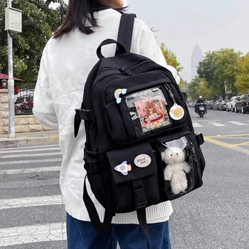 Спортивный рюкзак, модный рюкзак для студентов колледжа, нейлоновый с плюшевой булавкой-подвеской, Кавайный, большой емкости, японский стиль для каникул