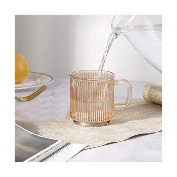 Стеклянная кофейная чашка из 2шт с крышкой Стеклянные кофейные кружки Ребристые кофейные стаканы с ручкой для латте Капучино чая молока B