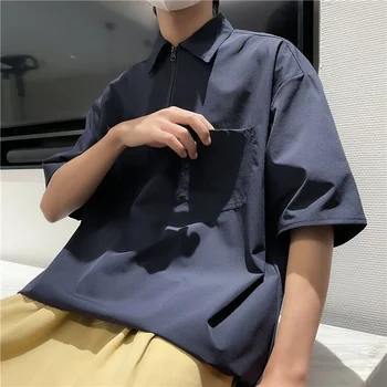 футболка мужская летняя Поло с отворотом из ледяного шелка, короткий рукав, тонкое пальто в стиле хип-хоп, трендовая хулиганская красивая мужская рубашка, уличная одежда в японском стиле