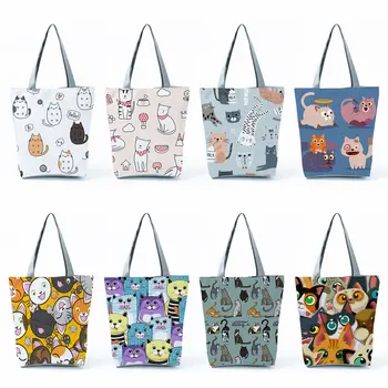 Эко-многоразовая сумка через плечо, повседневные сумки для покупок с принтом кота из аниме, женская сумка большой емкости, дорожная пляжная сумка 2023, новая мода